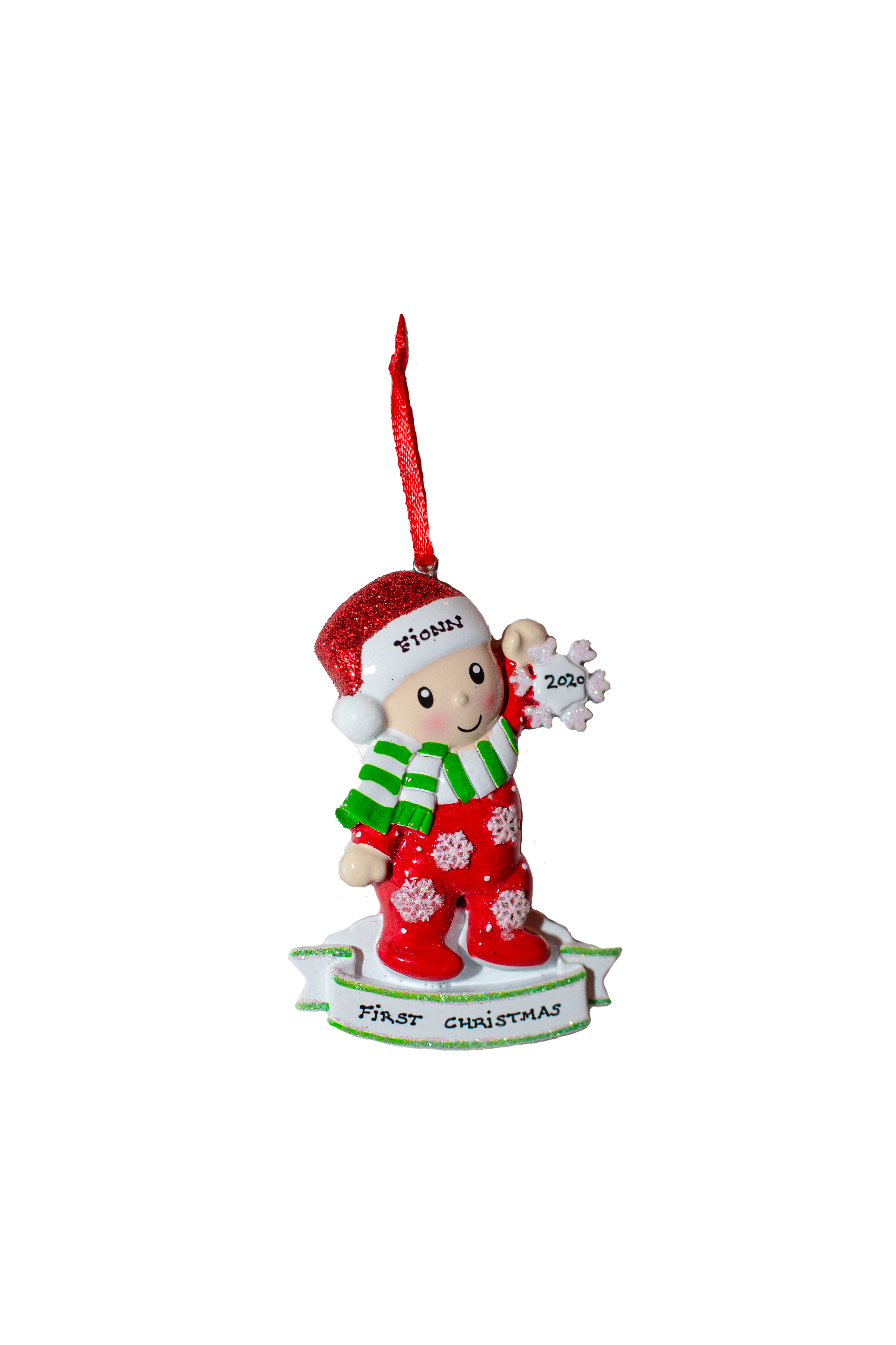 Baby in Red Pajamas Holding Snowflake - Vibrant Red & Green Colours 
